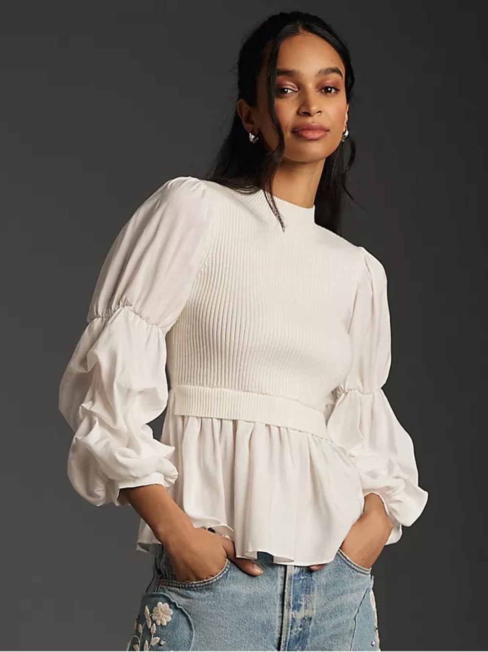 NWT Anthropologie English Factory White Puff-Sleeve Twofer Sweater. Size Large